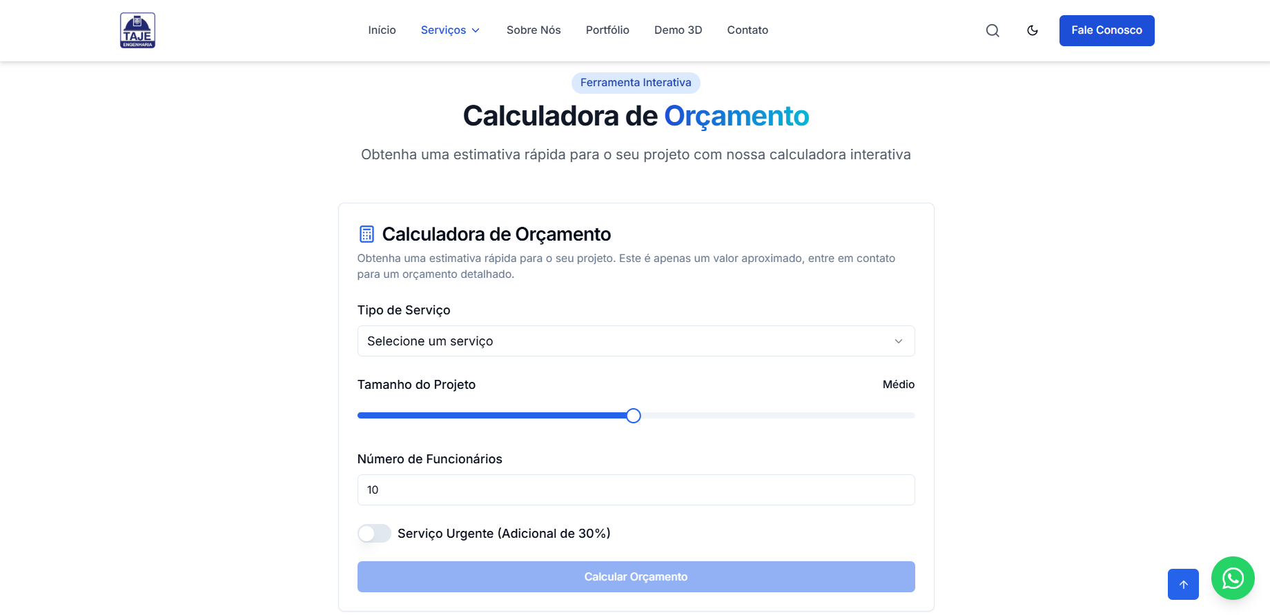 TAJE Engenharia website screenshot 1